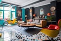 A cool pop-art inspired living room with bright, eye-catching appliances and retro furnishings