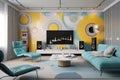 A cool pop-art inspired living room with bright, eye-catching appliances and retro furnishings