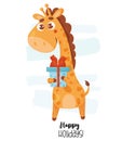 Cool postcard with cute giraffe with gift and inscription Happy Holidays. Vector illustration. Template for design of