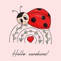 Cool postcard with cute ladybug. Funny insect ladybird on rainbow. Hello sunshine. Vector illustration in hand drawn