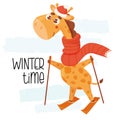 Cool postcard with skiing cute winter giraffe and inscription winter time. Vector illustration. Template for design of