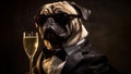 Cool pug dog wearing sunglasses and having champagne in glass on dark background. Party and funny Cheers background Royalty Free Stock Photo