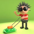 Cool punk rocker mowing the lawn with a lawnmower, 3d illustration