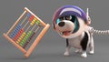 Cool puppy dog in spacesuit looking at an abacus floating in zero gravity, 3d illustration
