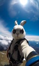 Cool rabbit in aviator glasses and climber harness. Bunny taking selfie. Clouds and blue skies at backdrop. Generative AI