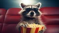 Cool raccoon in sunglasses enjoying a cinematic experience, with a large popcorn bucket eating popcorn in a red cinema Royalty Free Stock Photo