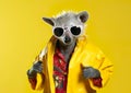 Cool raccoon in sunglasses posing in front of a colorful background.