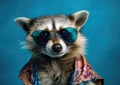 Cool raccoon in sunglasses posing in front of a colorful background.