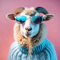 Cool ram wearing sunglasses chewing hay and wearing bue wool sweater, generative ai
