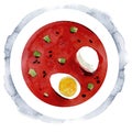 Cool red beetroot soup with egg. Hand drawn watercolor illustartion isolated on white background