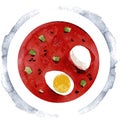 Cool red beetroot soup with egg. Hand drawn watercolor illustartion isolated on white background. Vector