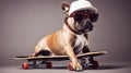 Cool red ginger dog Bulldog in sunglasses and white cap sitting on skateboard funny pets generative AI