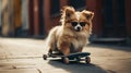 Cool red ginger fluffy dog in sunglasses riding a skateboard down the street funny pets generative AI