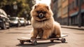 Cool red ginger fluffy dog spitz in sunglasses riding a skateboard down the street funny pets generative AI Royalty Free Stock Photo