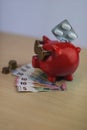 Cool red piggy bank with golden glasses with pills and euro coin