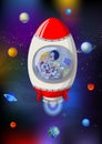 Cool Red White Rocket In Galaxy Space With Planets Cartoon