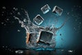 A freeze shot on falling ice cubes with water splash. Cool Refreshing Crystals cubes With Drops Splashing. Generative AI Royalty Free Stock Photo