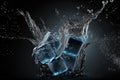 A freeze shot on falling ice cubes with water splash. Cool Refreshing Crystals cubes With Drops Splashing. Generative AI Royalty Free Stock Photo