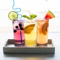 Cool and refreshing fruit flavoured spritzers, ready for drinking. Royalty Free Stock Photo