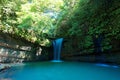 A cool refreshing waterfall pouring into an emerald pond hidden in a mysterious forest of lush greenery Royalty Free Stock Photo