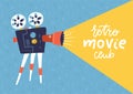 Cool retro movie projector poster, leaflet or banner template with lettering sample text - Retro movie club. Analog device - Royalty Free Stock Photo