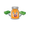 Cool rich apple jam character having money on hands