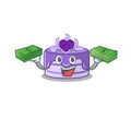 Cool rich blueberry cake character having money on hands