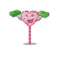Cool rich candy heart lollipop character having money on hands