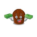 Cool rich chocolate candy character having money on hands