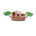 Cool rich chocolate cheesecake character having money on hands Royalty Free Stock Photo