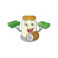 Cool rich coconut butter character having money on hands