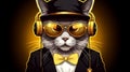 Cool rich gangster boss cat hipster with sunglasses, hat, headphones. generative ai