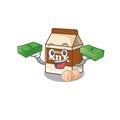 Cool rich hazelnut milk character having money on hands