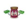 Cool rich plum jam character having money on hands