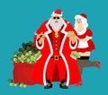 Cool Rich Santa and girl. Red bag with money. Claus with cigar a Royalty Free Stock Photo