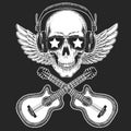 Cool rock star skull wearing disco glasses and headphones Retro music festival. Wings. Heavy metall emblem for concert