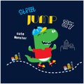 Funny cool roller skater dinosaur vector illustration