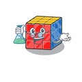 Cool rubic cube Professor cartoon character with glass tube