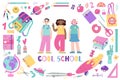 Cool school banner, classmates kids characters, cartoon style. Round frame with cute stationery and art supplies, bright