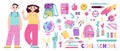 Cool school stationery set, classmates kids characters, cartoon style. Student equipment and art supplies, bright pastel