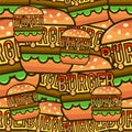 Cool seamless pattern with cartoon hamburgers. Vector illustration for design of packing fast food.