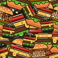 Cool seamless pattern with cartoon hamburgers. Vector illustration for design of packing fast food.
