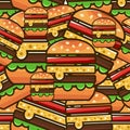 Cool seamless pattern with cartoon hamburgers. Vector illustration for design of packing fast food.