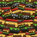 Cool seamless pattern with cartoon hamburgers. Vector illustration for design of packing fast food.