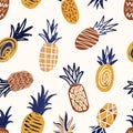 Cool seamless pattern with textured pineapples on light background. Backdrop with tropical fresh ripe juicy fruits Royalty Free Stock Photo