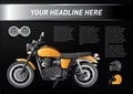 Cool set of motorbike with speedometer and helmets on black background