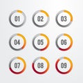 Set of nine circular progress bar icons. Timer icon interval in modern style for download display. Vector web element