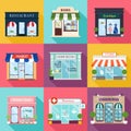 Cool set of vector detailed flat design restaurants and shops fa