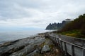 Cool shaped wooden bridge leading down to the view point to see the Okshornan mountain