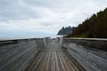 Cool shaped wooden bridge leading down to the view point to see the Okshornan mountain Royalty Free Stock Photo